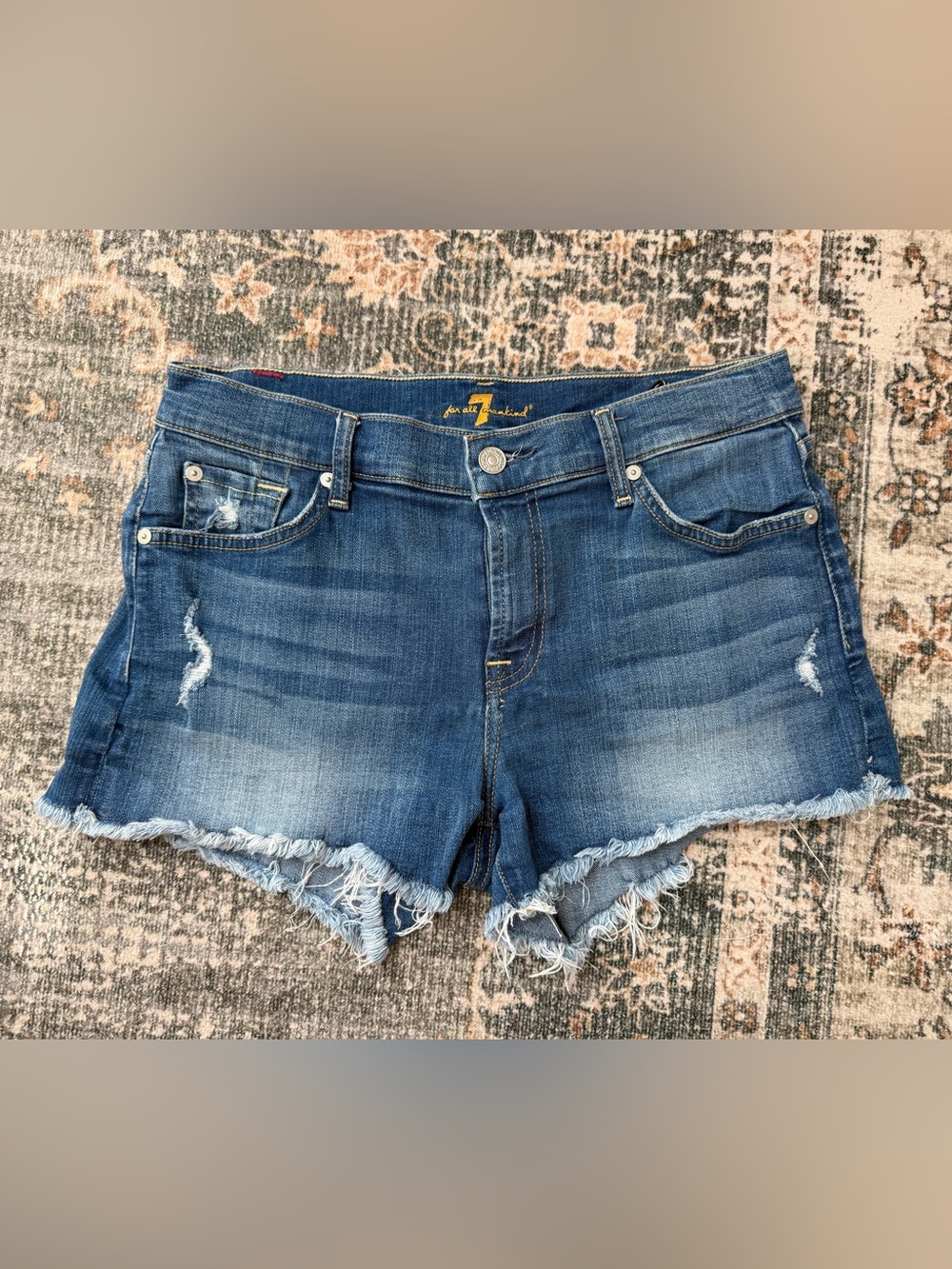 7 For All Mankind Blue Frayed Hem Distressed Denim Shorts